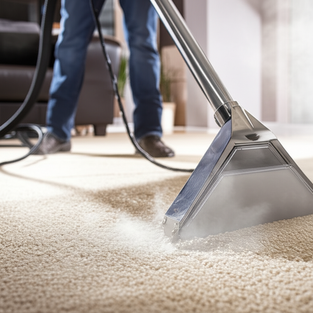 Technician cleaning carpet with professional equipment