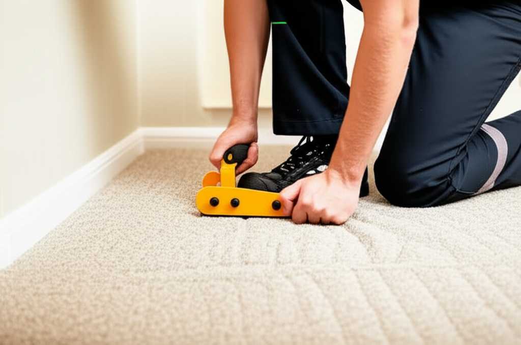 Professional carpet re-stretching service removing wrinkles and bubbles