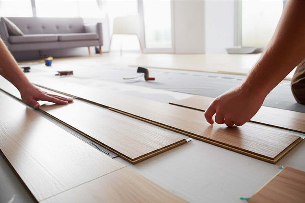 Laminate flooring installation in a living room